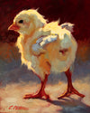 Oil on panel painting of a chick turning its head from to the left.