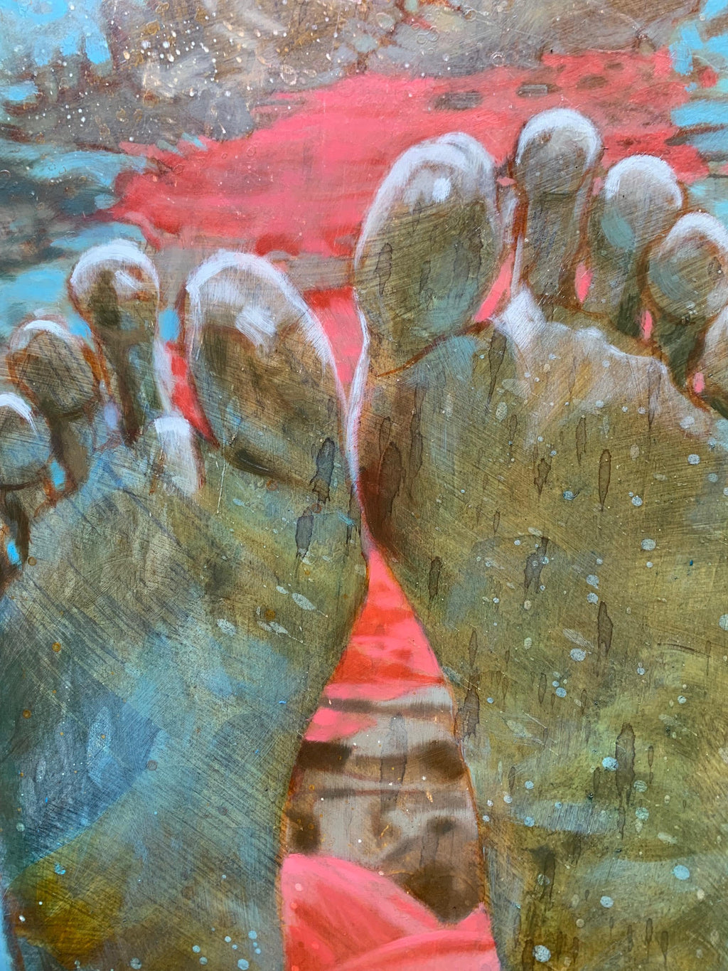 Oil painting by Carol Bennett of swimmer wearing pink bathing suit's feet with water reflection detail